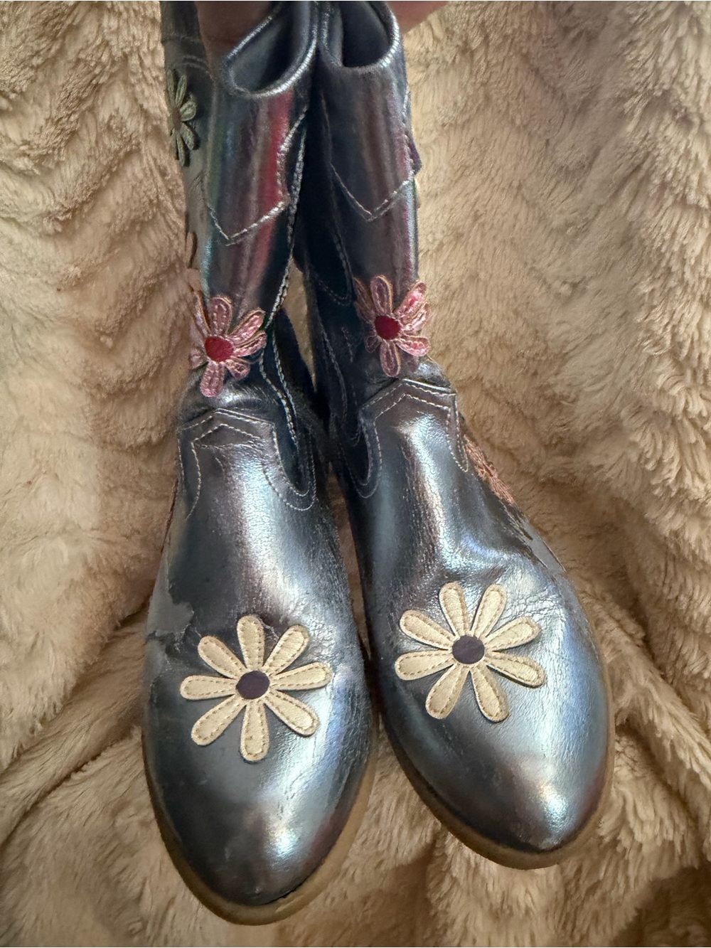 Metallic Black Flower-Appliqué Boots